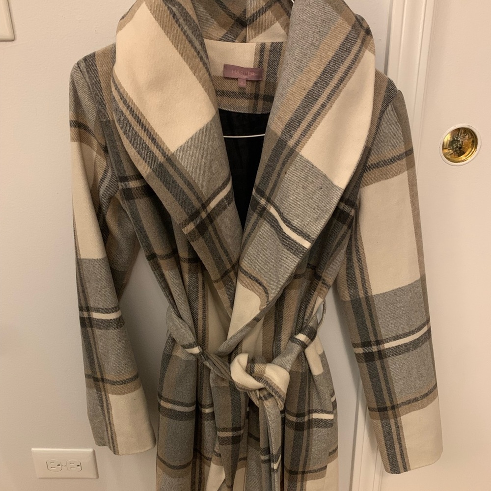 Francesca’s - Long, Trench Jacket with Tie - S - Tan/Gray Plaid